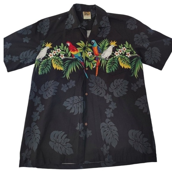 Winnie Fashion Other - Winnie Fashion Mens Black Cotton Parrot Tropical Hawaiian Aloha Shirt‎ Large